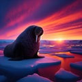 Walrus reclines on ice sheet with glorious sunset as backdrop Royalty Free Stock Photo