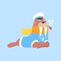 Walrus Smoking Pipe In Captain Outfit, Arctic Animal Dressed In Winter Human Clothes Cartoon Character