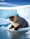 Walruses on ice floe arctic landscape. illustration of cute north pole animals. Northern walrus. For the design of holiday cards, Royalty Free Stock Photo