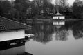 Walsall Arboretum mono beauty fine art water reflections huts Royalty Free Stock Photo