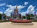 The Walt Disney and Mickey Mouse partner statue in front of Cinderella`s castle in Magic Kingdom Royalty Free Stock Photo