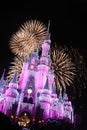 Walt Disney World Cinderella`s Castle with Fireworks and Christmas Lights at night Royalty Free Stock Photo