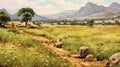 Walter Minter Mountain Meadow In Kloof: A Detailed Shading Yellow Isolated Landscape