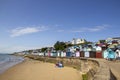 Wooden beach huts on the coastline. Walton on the Naze Essex United Kingdom July