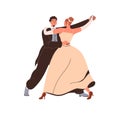 Waltz dancers partners. Woman in dress and man in suit, couple performing pair ballroom partner dance. Classic Royalty Free Stock Photo