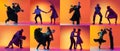 Collage with images of young dance ballroom couples in stage attires dancing over orange background in neon light. Royalty Free Stock Photo