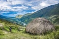 Landscape of the Baliem Valley showing traditional house of the Dani tribe