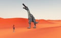 Wanderer and dinosaur Suchomimus in a sandy desert Royalty Free Stock Photo