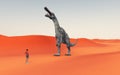 Wanderer and dinosaur Suchomimus in a sandy desert