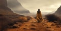 Wanderer in hijab crossing the desert
