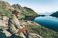 Wanderer Man enjoying lake and mountains