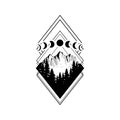 Wanderlust adventure travel rhombus icon. Diamond mountains and forest black on white. Vector illustration.