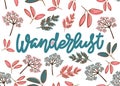 Wanderlust. Hand drawn lettering postcard template in pastel pink blue and sepia colors. Floral elements background