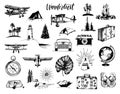 Wanderlust hand lettering in vector. Travel icons set. Drawn illustrations collection. Outdoor adventures symbols.