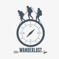 Wanderlust label with campass and walkers