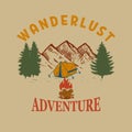 Wanderlust. Mountains illustration with campfire. Design element for poster, card, banner, t shirt.