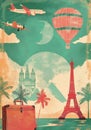 Wanderlust scene in a vintage travel poster style, bursting with trendy active colors. Royalty Free Stock Photo