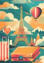 Wanderlust scene in a vintage travel poster style, bursting with trendy active colors. Royalty Free Stock Photo