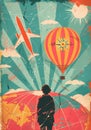 Wanderlust scene in a vintage travel poster style, bursting with trendy active colors. Royalty Free Stock Photo