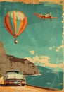 Wanderlust scene in a vintage travel poster style, bursting with trendy active colors. Royalty Free Stock Photo