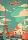 Wanderlust scene in a vintage travel poster style, bursting with trendy active colors. Royalty Free Stock Photo