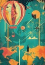 Wanderlust scene in a vintage travel poster style, bursting with trendy active colors. Royalty Free Stock Photo