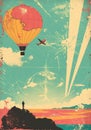 Wanderlust scene in a vintage travel poster style, bursting with trendy active colors. Royalty Free Stock Photo