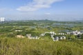 Wang Chau and Rural green fields with fish ponds in Hong Kong, with Shenzhen Cityscape behind Royalty Free Stock Photo