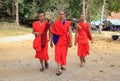 three buddhist monks in red robes on nature background