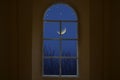 Waning moon and stars in window view