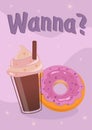 Poster with donut, coffee and title \