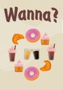 Vintage poster with differents kinds of desserts (donut, muffin, coffee, croissant) located in circle and title \