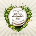 Celebrate St. Patrick`s Day Mug of Frothy Irish Stout Beer with Shamrocks Royalty Free Stock Photo