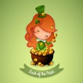 March 17 St. Patrick`s Day Luck of the Irish Illustration Red Haired Lass with Gold Coins