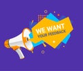 We Want Feedback Concept Ad Poster Card with Abstract Memphis Style Element. Vector