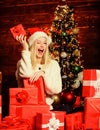 Want to put it. celebrate new year at home. last preparation. Christmas time. happy woman love presents. Winter shopping Royalty Free Stock Photo