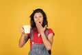 want to sleep. drinking morning coffee. recharge with the energy of coffee. drink energetic beverage. woman with milk Royalty Free Stock Photo