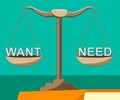 Want Vs Need Priorities Balance Depicting Importance Of Necessities Over Desires. The Concept Of Order Of Priority - 3d