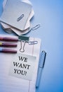 WE WANT YOU CONCEPT. Office workplace top view, copy space. Flat lay office table desk.Labor market concept. Job vacancy,new