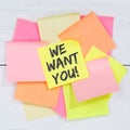 We want you jobs, job working recruitment employees business concept desk note paper