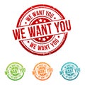 We want you Stamp - Badges in different colours.