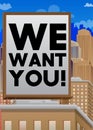 We want you! text. Billboard sign atop a brick building. Royalty Free Stock Photo