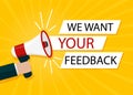 We want your feedback in bubble. Hand holds megaphone for attention of customer. Opinion client by service. Survey opinion service Royalty Free Stock Photo