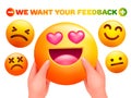 We want your feedback. Emoji character sticker in human hands. 3d cartoon style