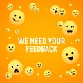 We want your feedback good mood vector scale. Emoji feedback survey review design promotion