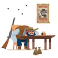 The wanted bandit defeated everyone and fell asleep drunk in a cowboy bar. Wild west. Cartoon vector illustration. Flat Royalty Free Stock Photo