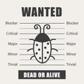 Wanted bug as symbol software testing, quality assurance, debugging. The priorities of the defect. Vector illustration