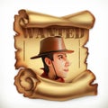 Wanted cowboy. Old paper scroll. Vector icon