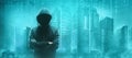 Wanted Hacker is Coding Virus Ransomware Using Abstract Binary Code. Cyberattack, System Breaking and Malware Concept. Royalty Free Stock Photo