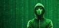 Wanted Hacker is Coding Virus Ransomware Using Abstract Binary Code. Cyberattack, System Breaking and Malware Concept. Royalty Free Stock Photo